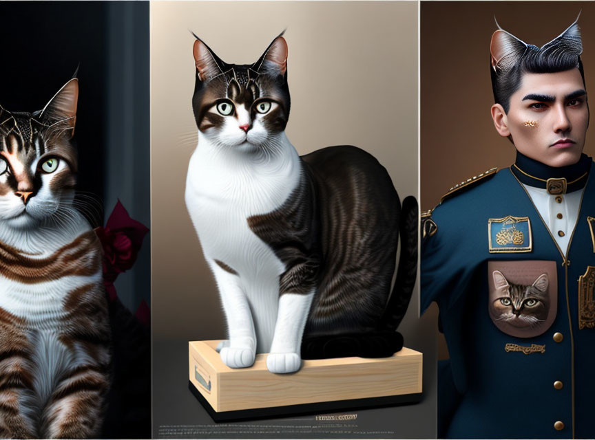 Stylized portraits of cats with human-like attributes: floral ornament, statue, military uniform