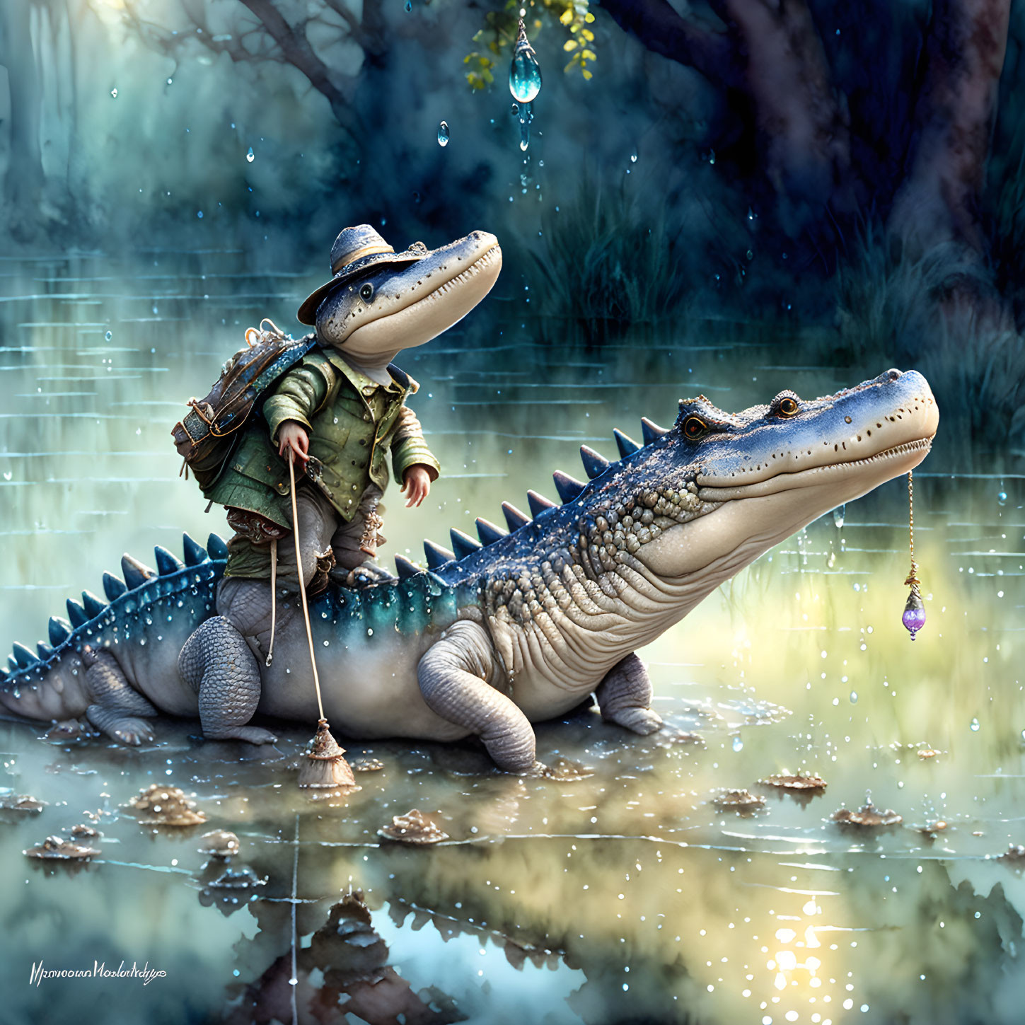 Personified alligator in hat explores swampy forest with lantern in whimsical animated scene