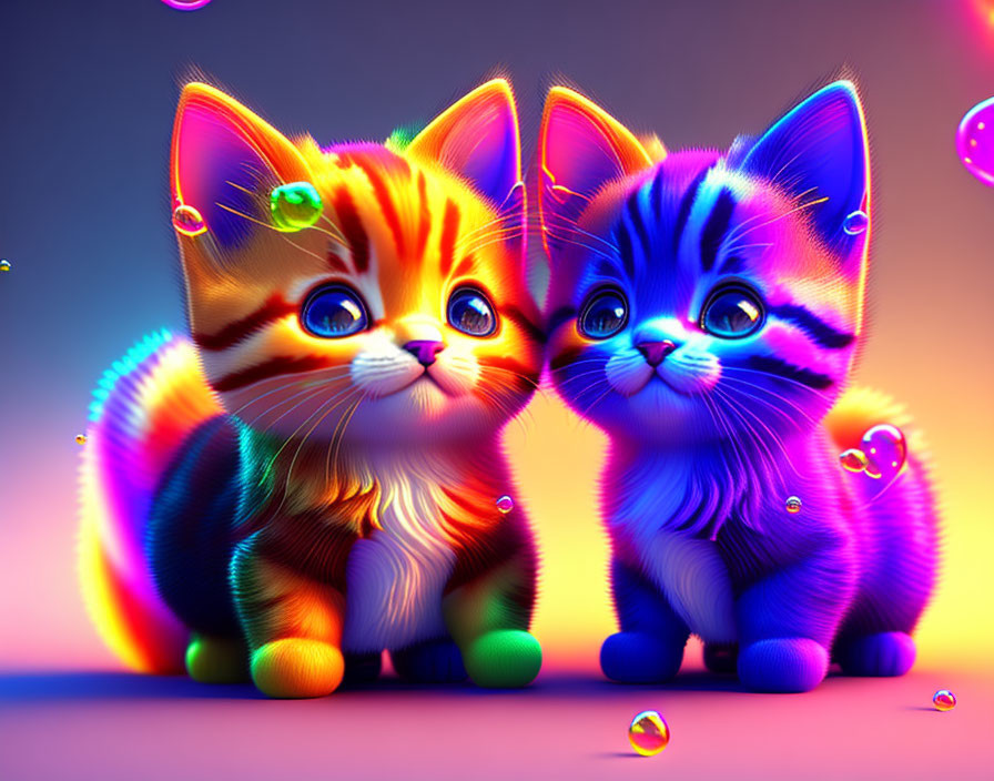 Colorful Neon Fur Kittens with Floating Bubbles on Gradient Background