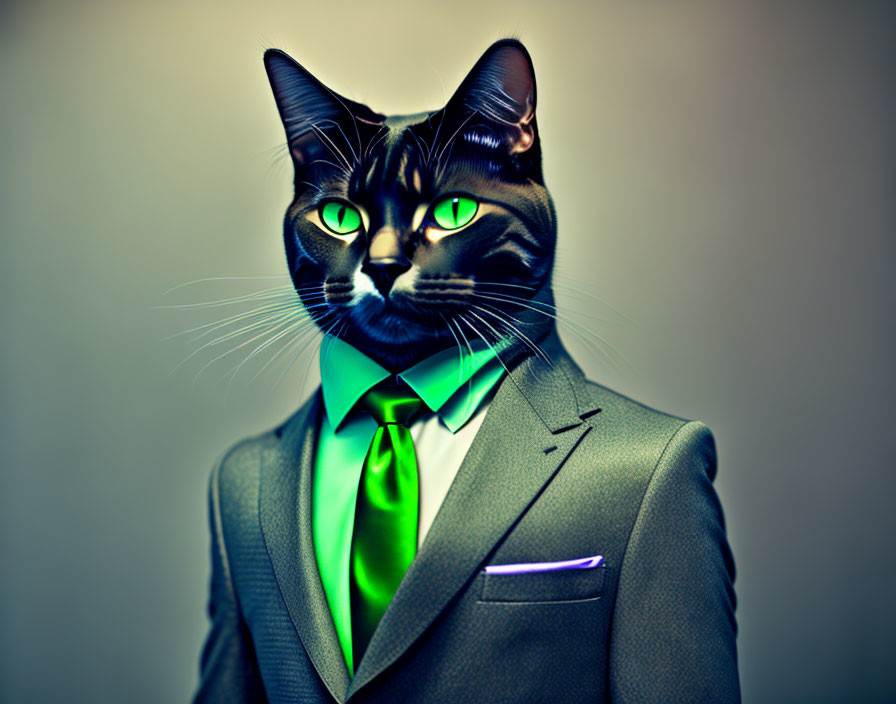 Cat with human body in grey suit and green shirt.