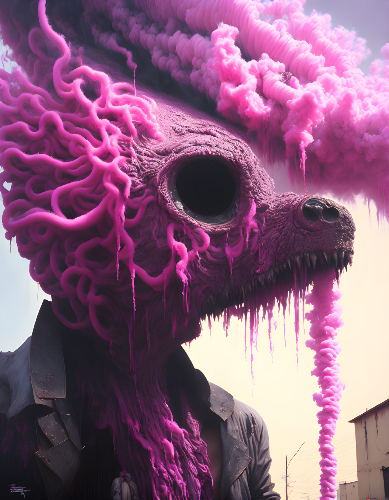 Surreal creature with pink brain head in black jacket on pink cloudy backdrop