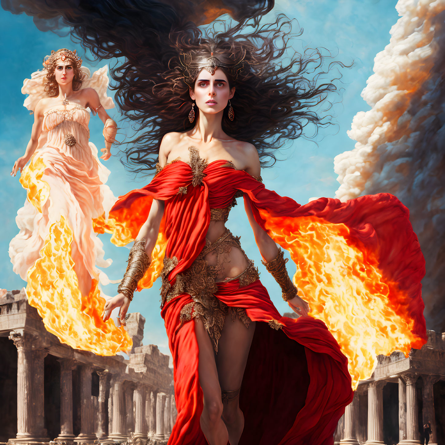 Woman in red dress with fiery elements at ancient ruins under blue sky