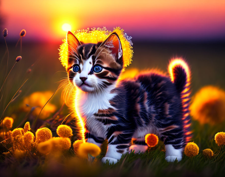 Adorable kitten with dandelion crown in sunset scene