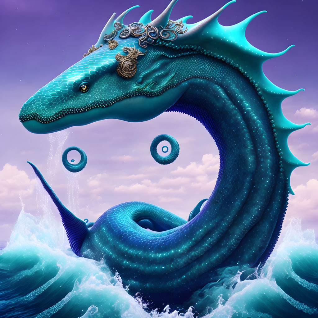 Majestic turquoise sea dragon adorned with jewelry against purple sky.