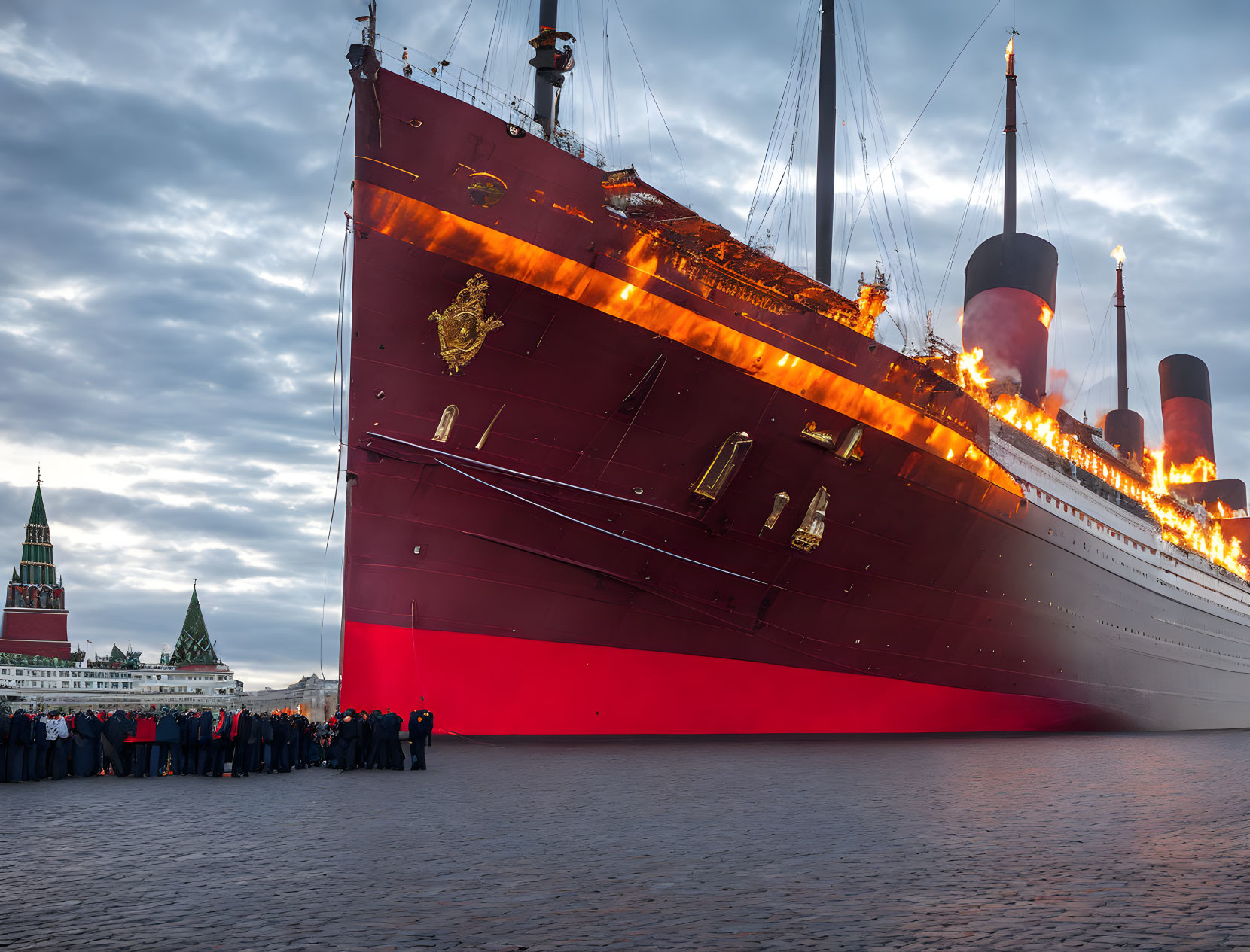 Historic buildings backdrop large red ship at twilight