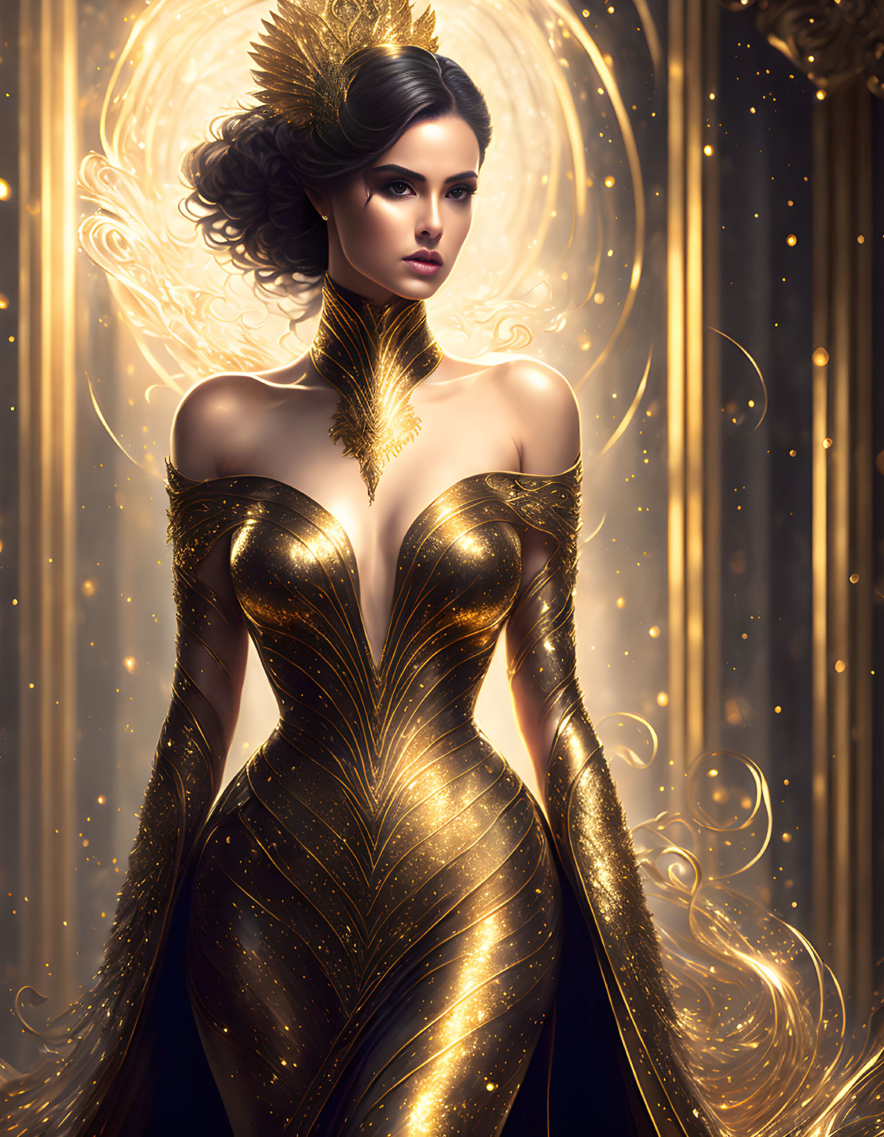 Illustrated woman in gold gown with feathered collar in golden light swirls