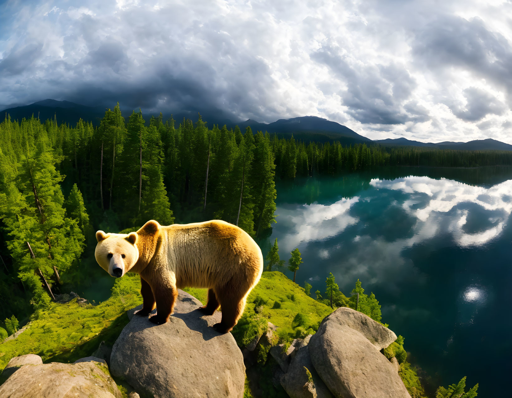 Bear standing on rocky overlook with forest, lake, and cloudy sky.