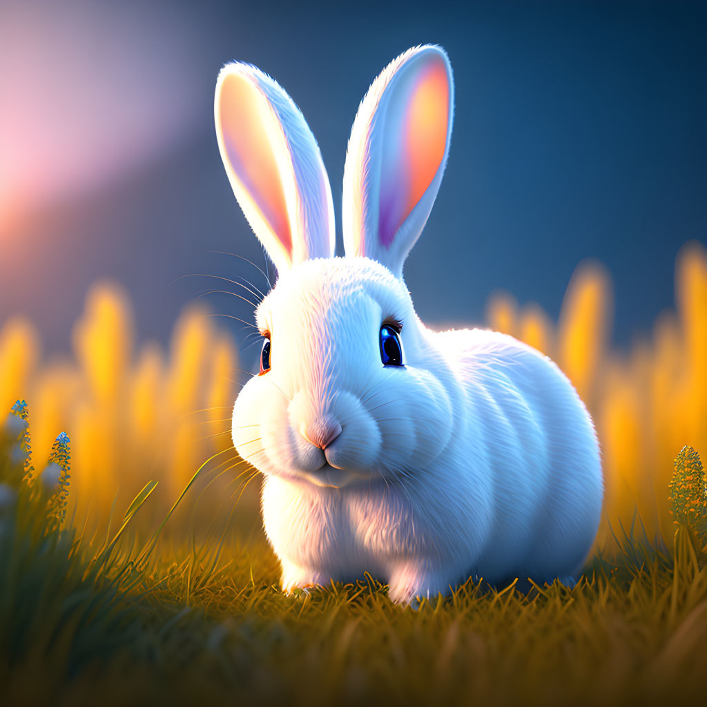 Fluffy white rabbit in golden grass under warm sky