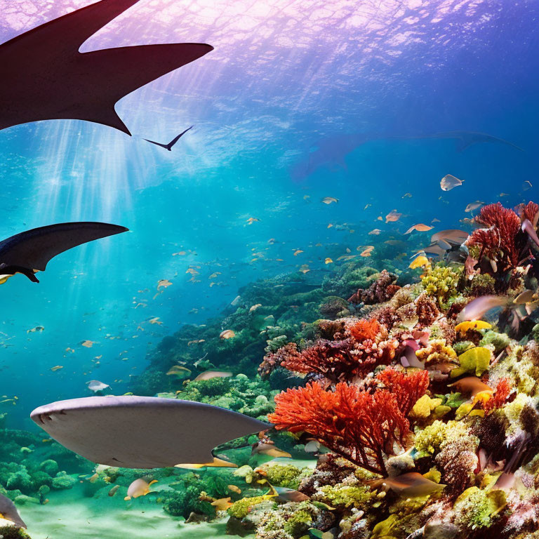 Colorful fish, sharks, and coral reef in vibrant underwater scene