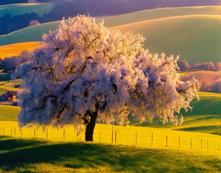 White Blooming Tree Stands Out in Green Landscape