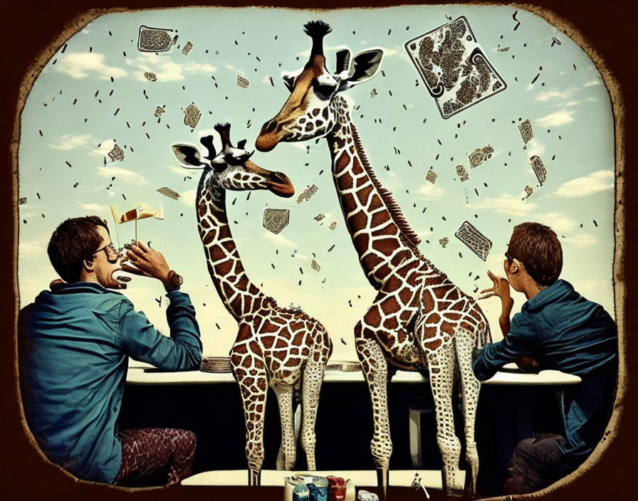 Two Astonished People at Table with Giraffes and Flying Objects