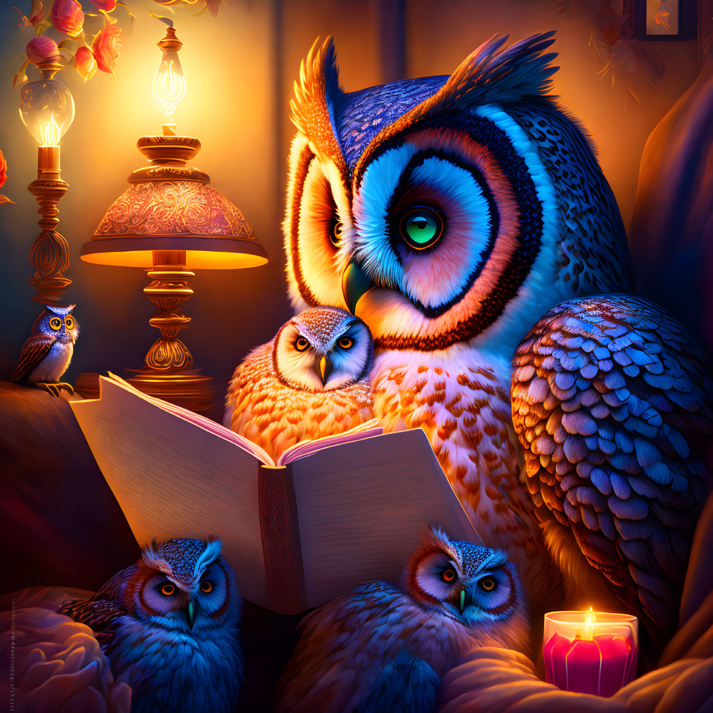 Colorful Cartoon Owls Reading Book by Candlelight