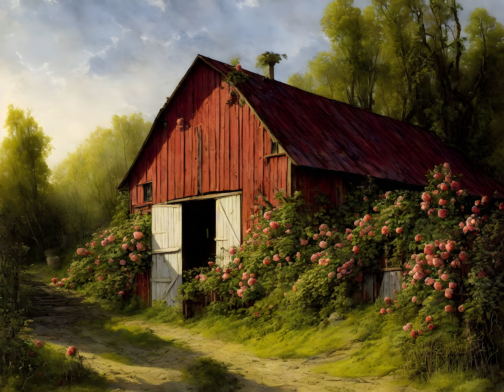 Rustic red barn with white doors in lush foliage and pink hydrangeas