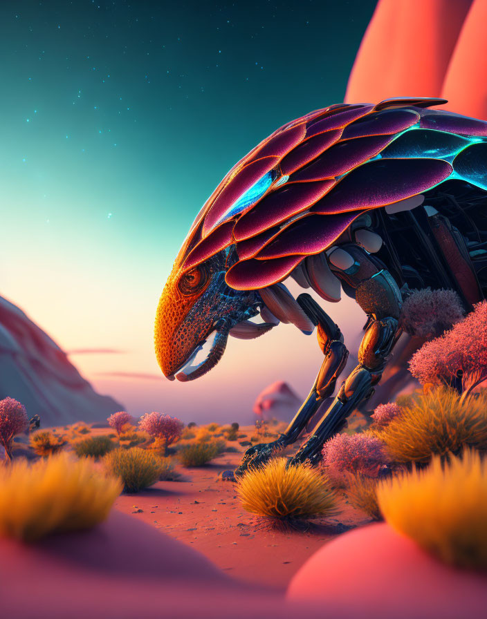 Robotic eagle with intricate scales in desert twilight.