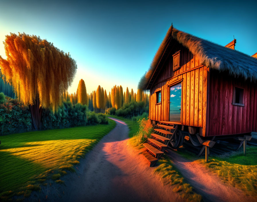 Rural landscape with wooden cabin, green grass, winding path, and sunset-lit trees