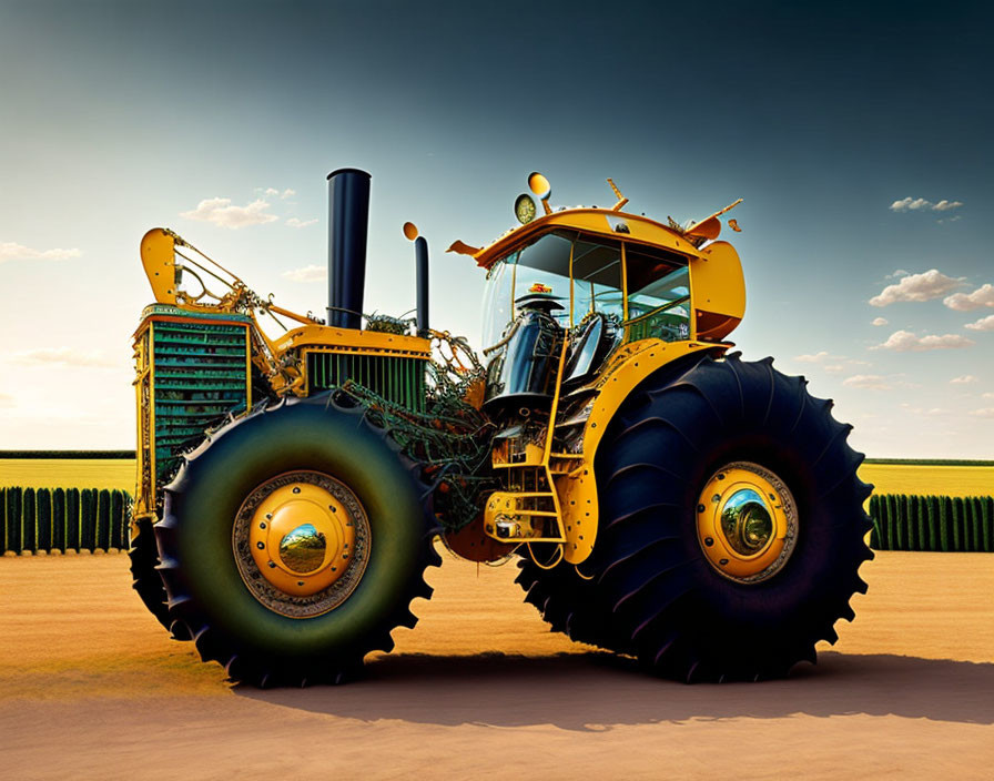 Yellow tractor pulling harvesting trailer through field with crops under blue sky