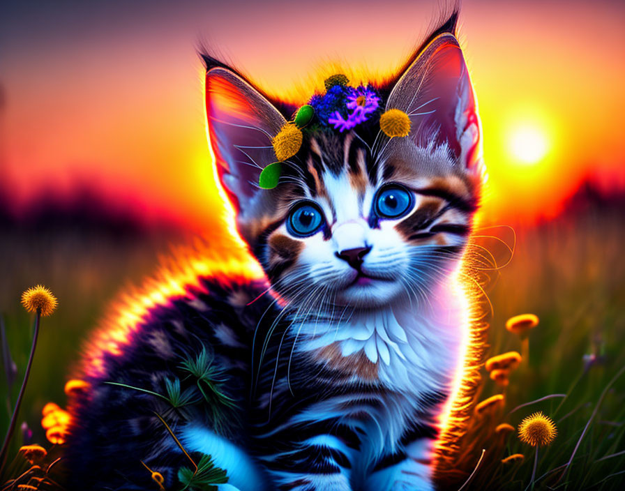 Flower-adorned kitten in grass at vibrant sunset