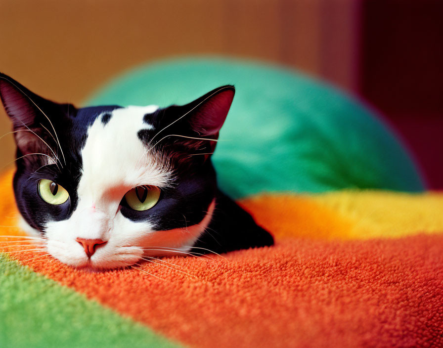 Black and white cat with green eyes on rainbow blanket.