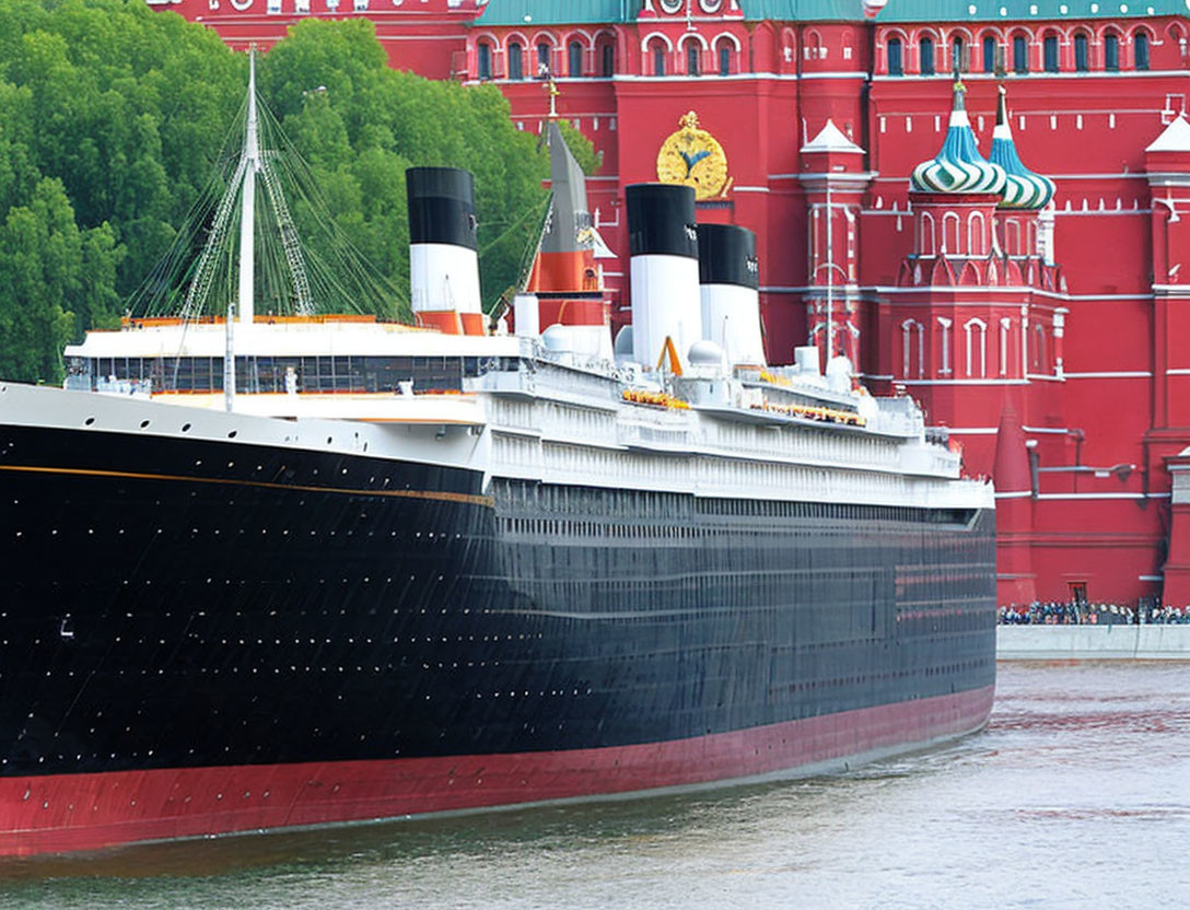 Black and Red Ship with Yellow Funnels Docked by Red Building on Riverbank