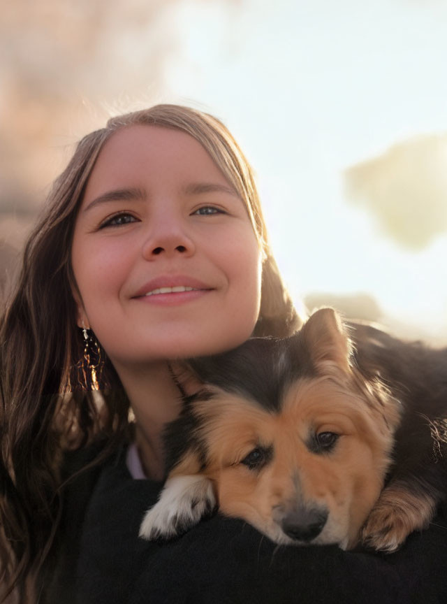 Smiling woman with tricolor Shetland Sheepdog outdoors