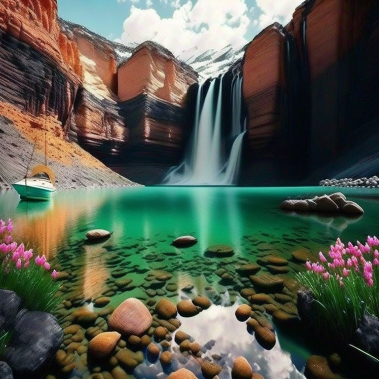 Scenic waterfall flowing into green lake with boat amidst mountains