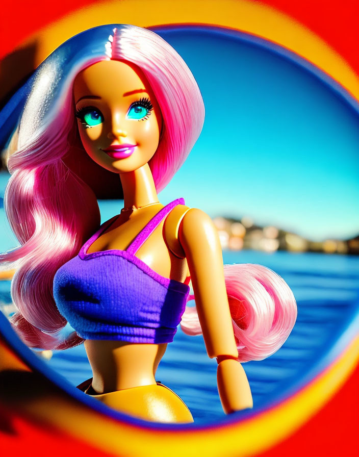 Colorful Barbie doll with pink hair and blue top in circular blur effect.