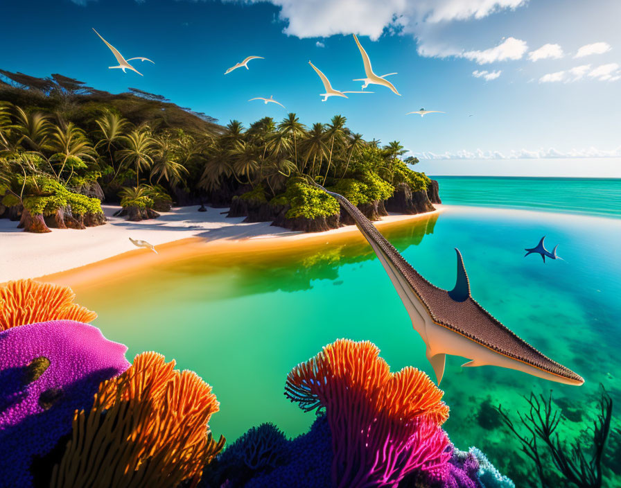 Tropical beach scene with palm trees, coral, pterosaur, seagulls, and shark