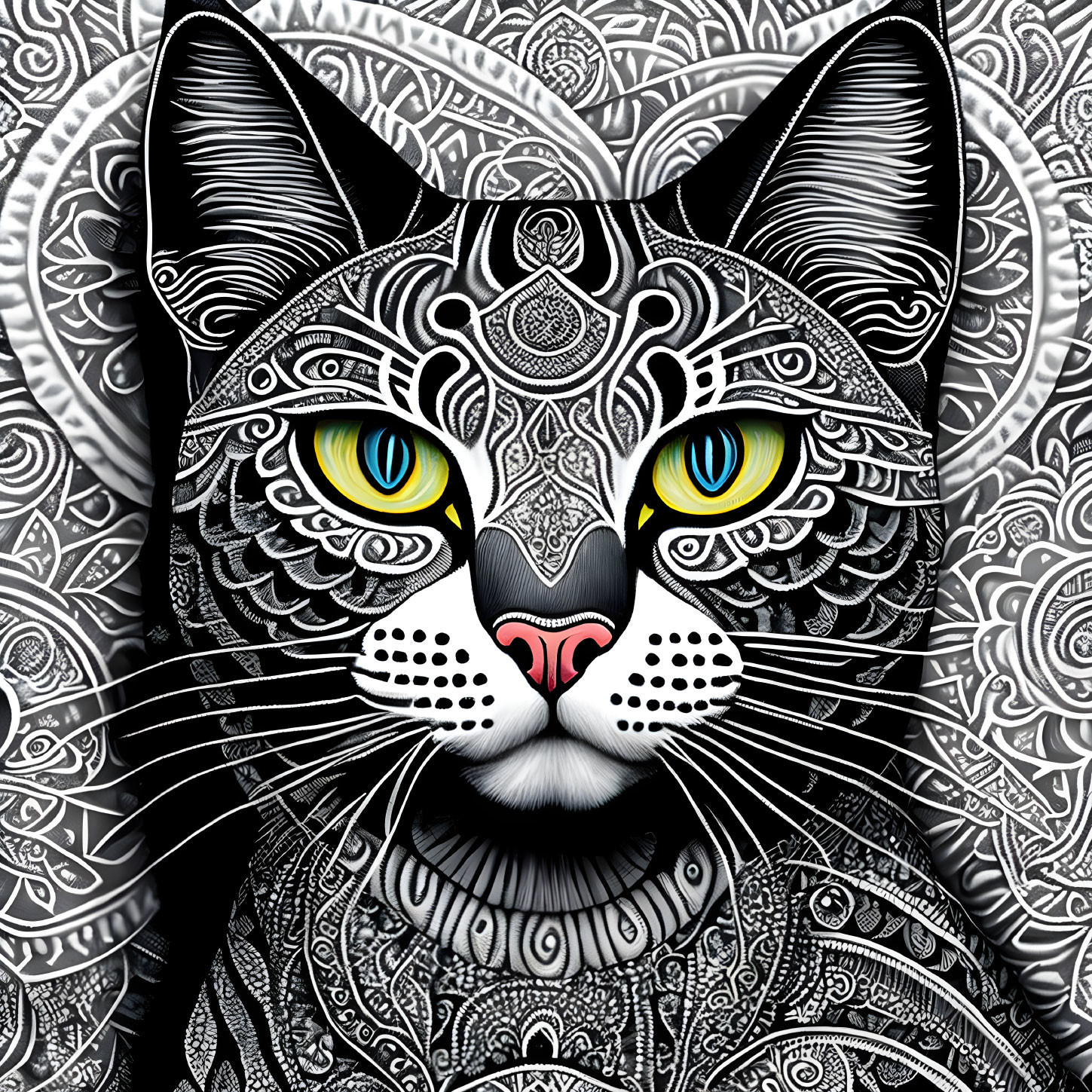 Detailed Black and White Mandala Pattern with Stylized Cat Portrait