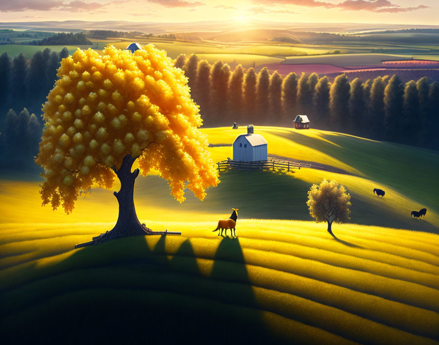 Golden tree and grazing horses in vibrant sunset landscape