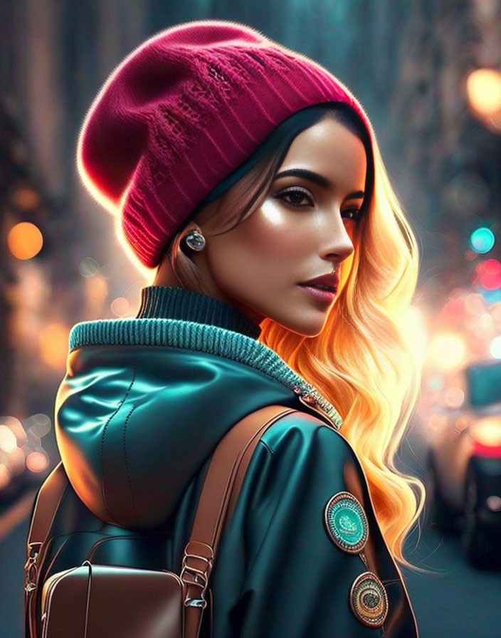 Blond woman in red beanie and teal jacket in city lights.