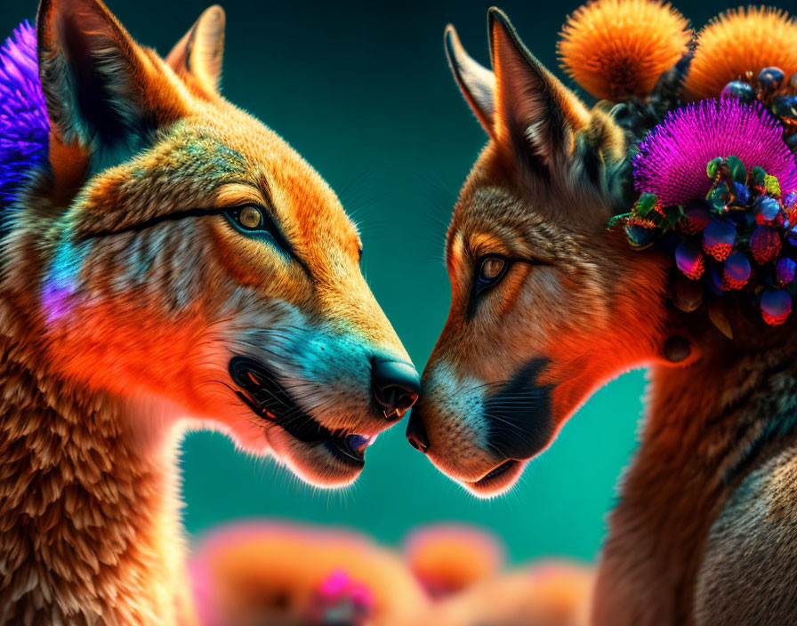 Vibrant surreal foxes adorned with flowers in soft-focus setting