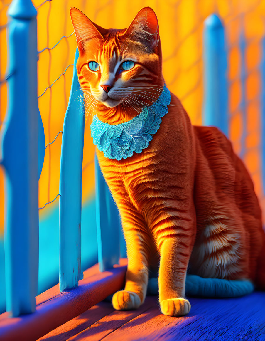 Orange Tabby Cat with Blue Collar on Blue and Orange Deck