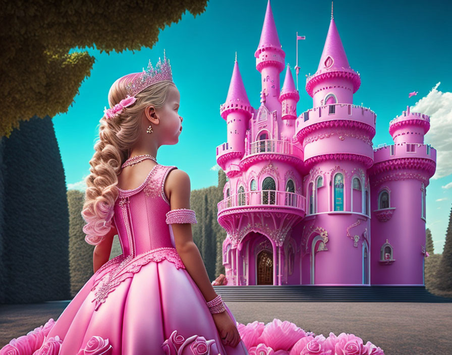 Young girl in pink princess dress admires pink castle in fantasy setting