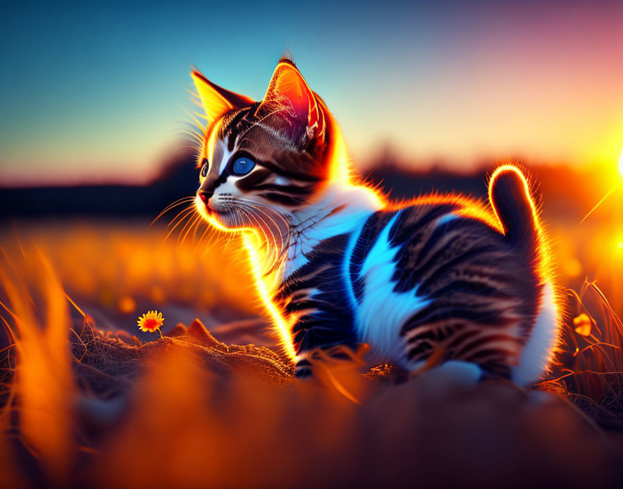 Striking Marked Kitten in Golden Field at Sunset