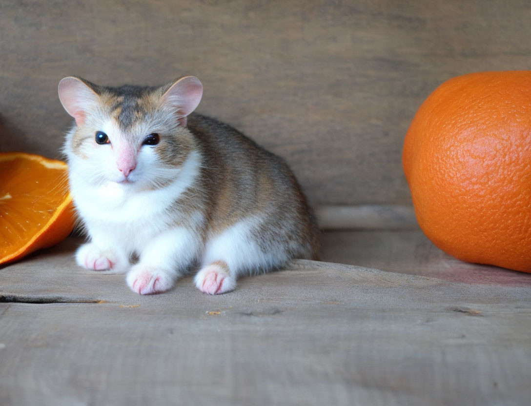 Adorable small animal with orange slice on wooden surface