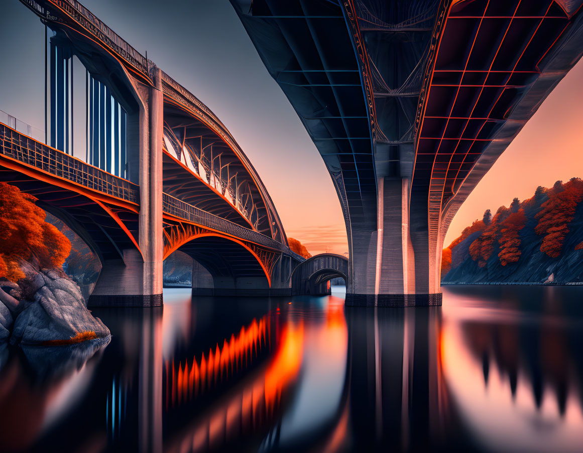 Symmetrical modern bridge at sunset over calm water with autumn trees