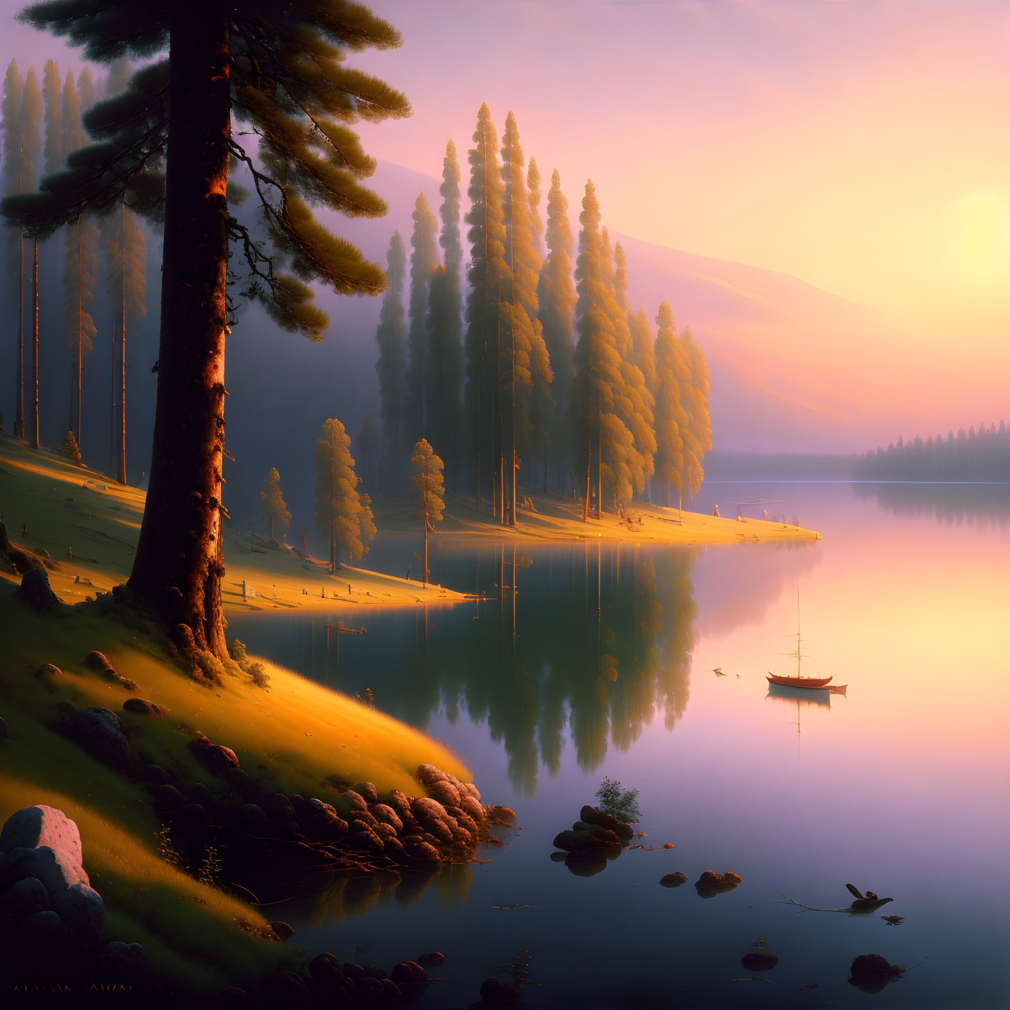 Tranquil sunset lake scene with tall trees, reflecting water, and solitary boat