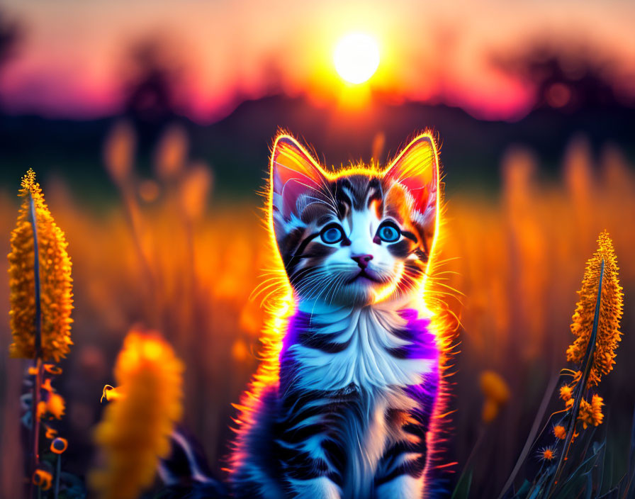 Kitten in Tall Flowers at Vibrant Sunset