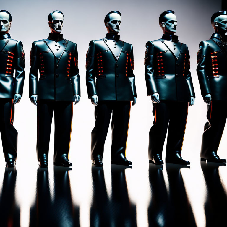 Futuristic humanoid figures in uniform with glowing red accents on gradient background