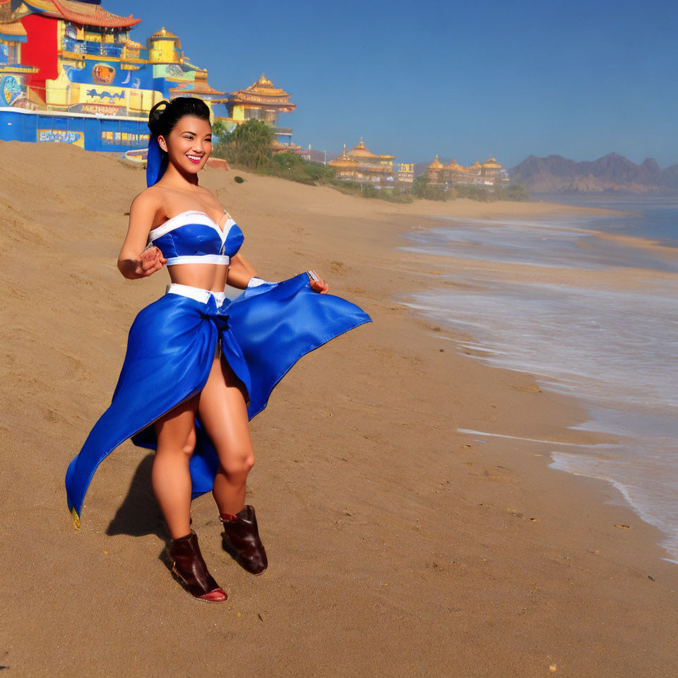 Woman in Blue Outfit Smiling on Sandy Beach with Traditional Buildings and Mountains