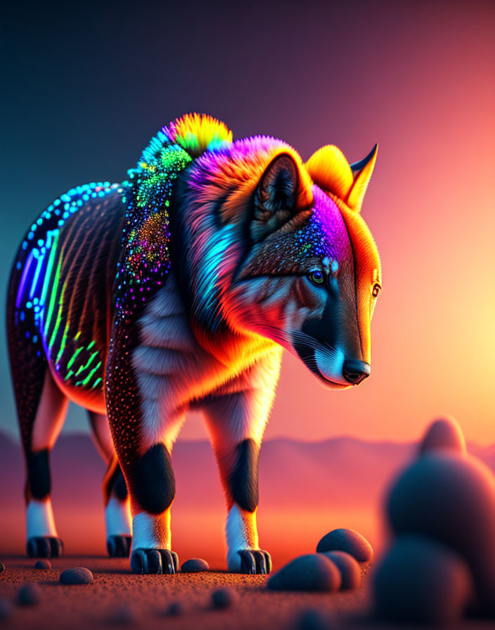 Colorful Neon Artwork: Wolf in Twilight Landscape with Glowing Patterns