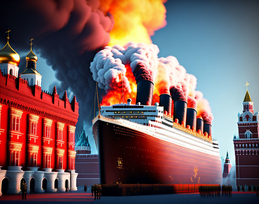 Vintage Ocean Liner and Russian Architecture Merge in Colorful Image