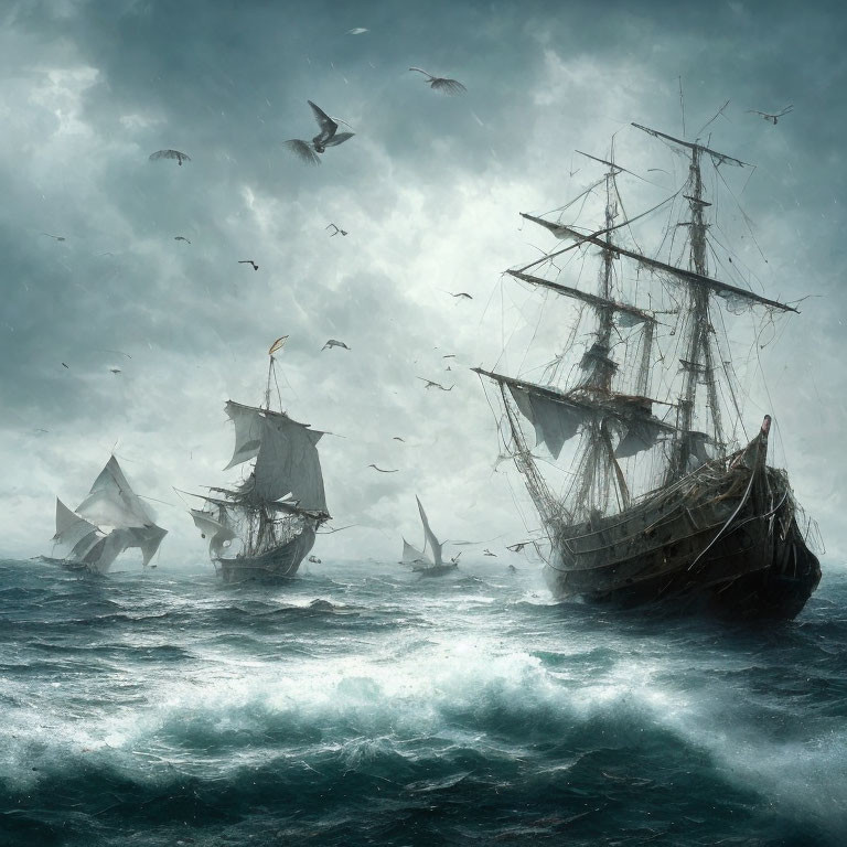 Tall ships sailing in stormy seas with seagulls and turbulent sky