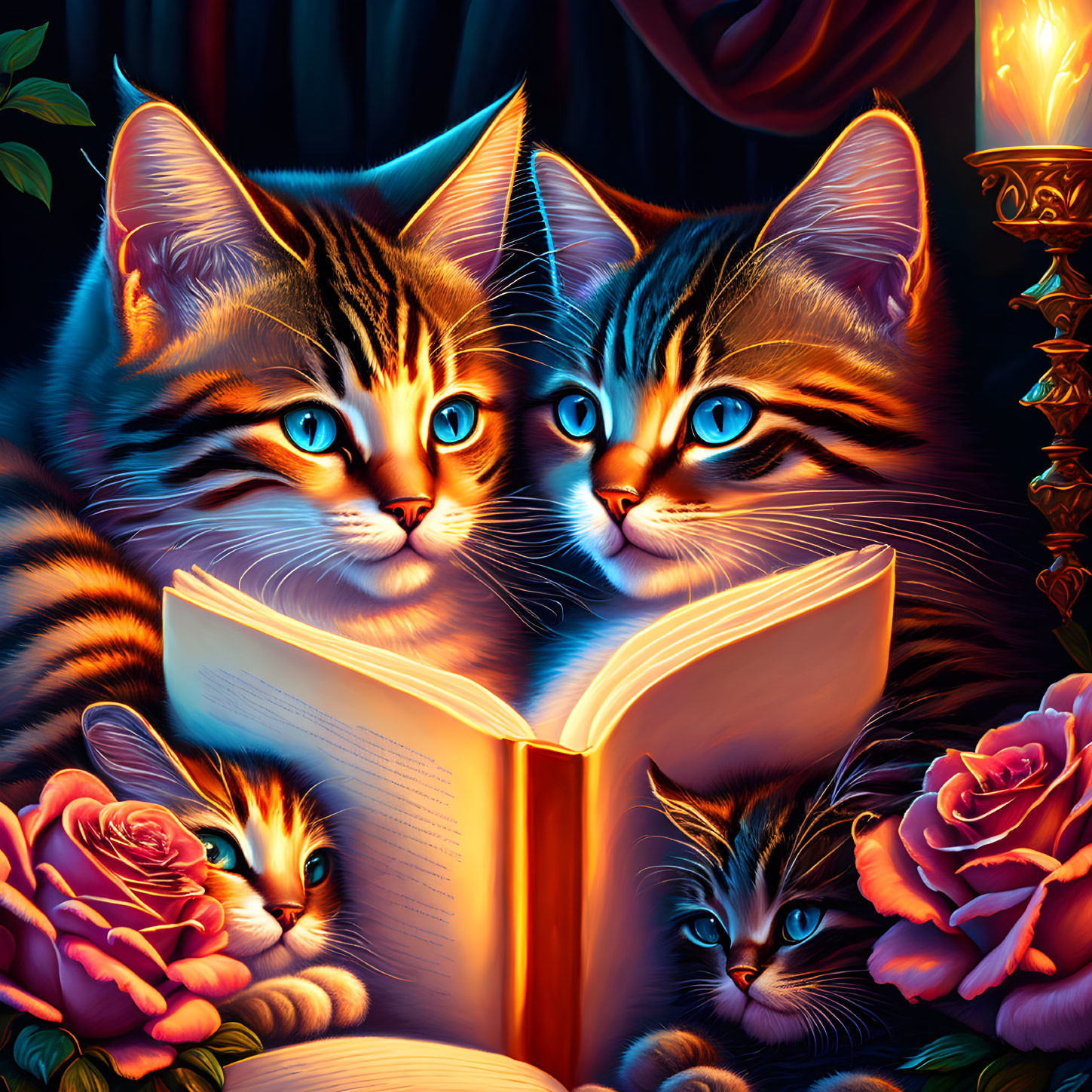 Four wide-eyed kittens around open book with roses and candlestick