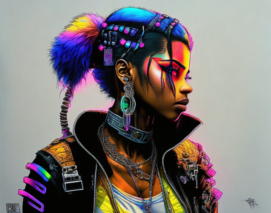 Person with Cyberpunk Aesthetic: Colorful Mohawk, Neon Face Paint, Futuristic Accessories