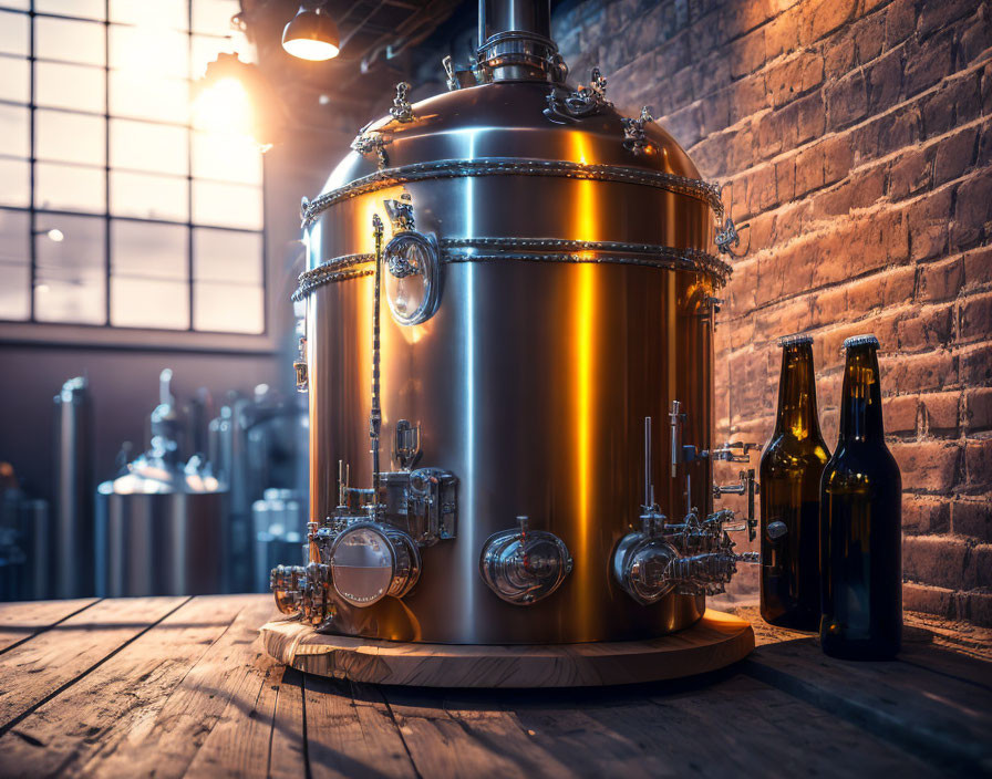 Shiny brewing tank in brewery with brick walls & ambient lighting