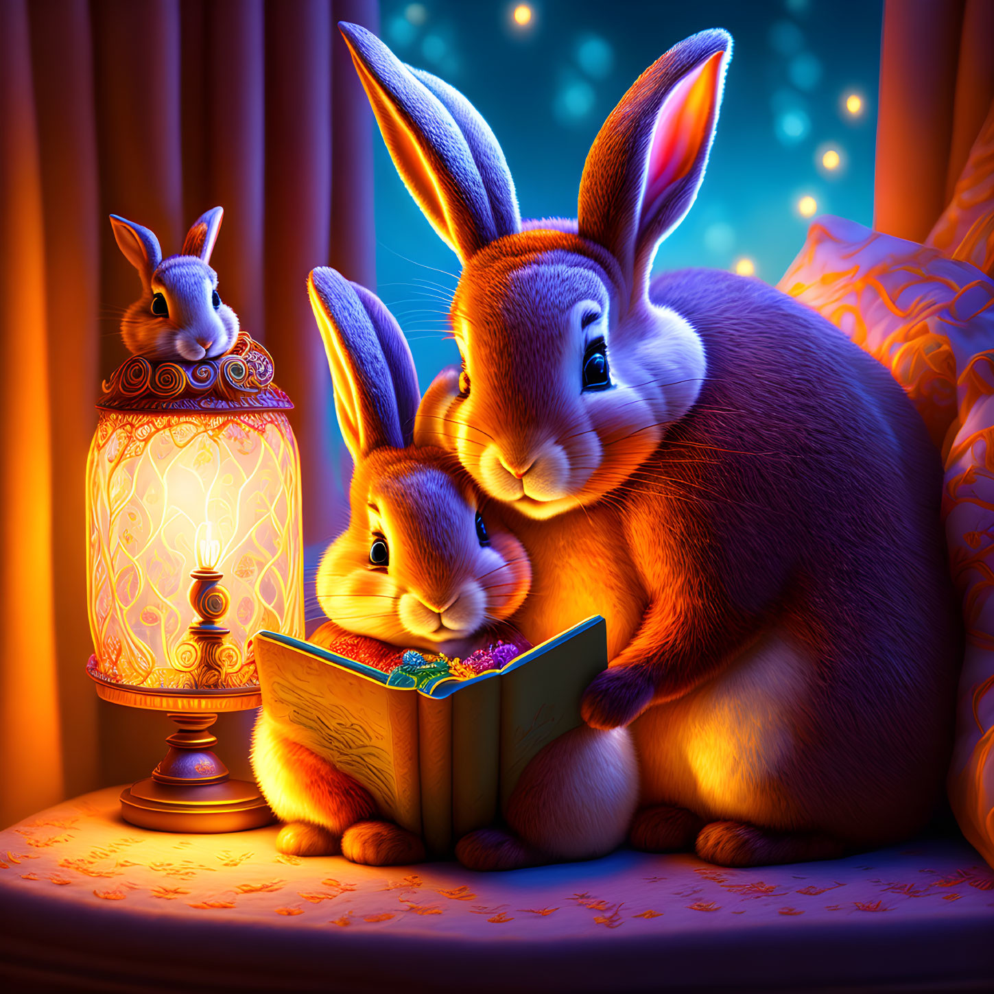 Large and small rabbits reading a book by lamp at night