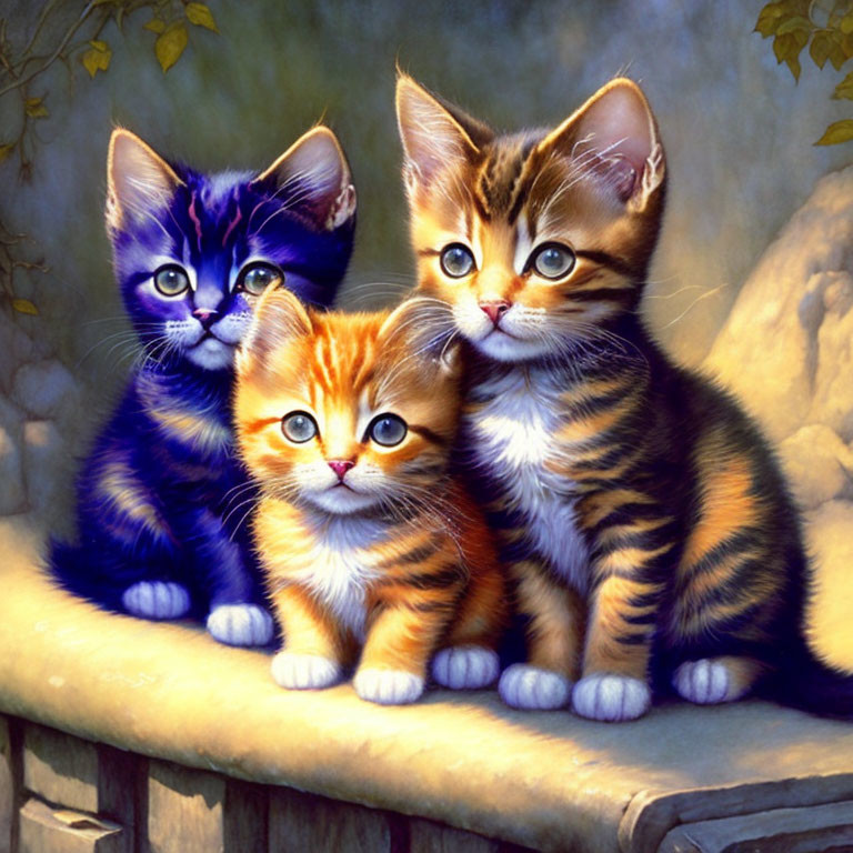 Three colorful kittens sitting together in serene setting