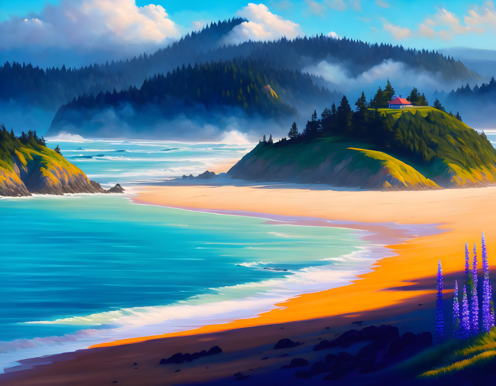 Scenic coastal view with crashing blue waves and misty forest hills