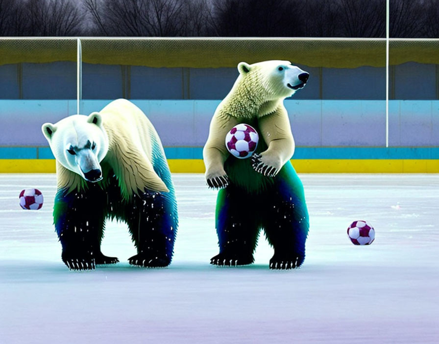 Stylized polar bears on hind legs with soccer balls on ice rink